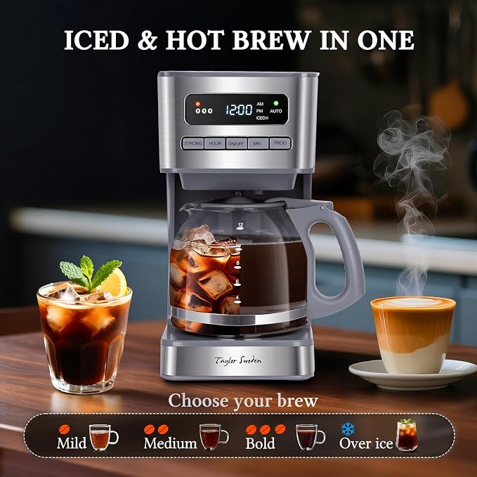 Taylor Swoden Programmable Coffee Makers 12 Cup, Hot and Iced Coffee Maker, 4 Brew Strength, LED Display, 24H Timer, Keep Warm&Auto Shutoff- Drip Coffee Machine for Home/Office, Gray & Stainless Steel