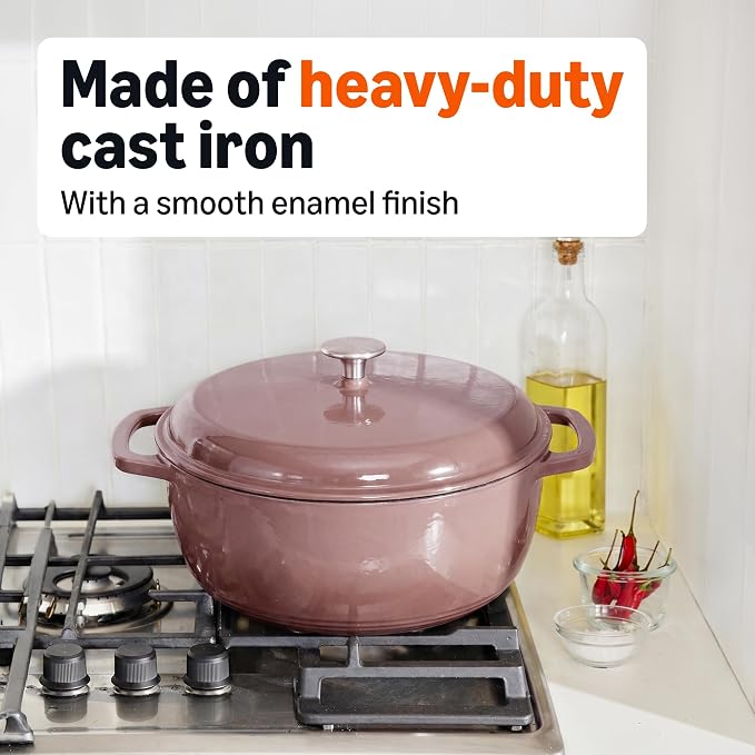 Amazon Basics Cast Iron Dutch Oven Pot with Lid, Enameled, Dual Handles, Heavy-Duty, Large, 7.3-quart, Clay
