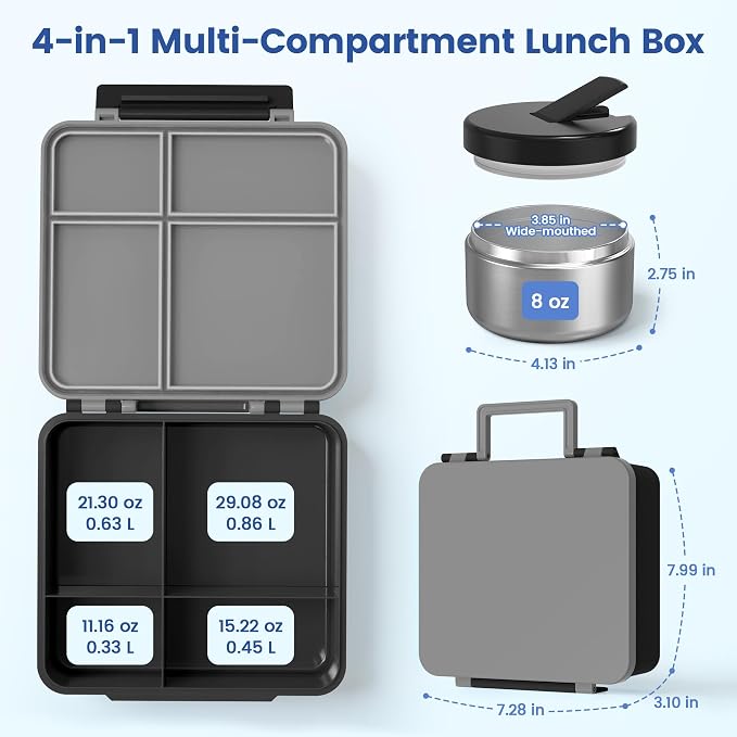 LOHASOK Bento Lunch Box for Kids with 8oz Soup Thermo, Black | 4-Compartment, Leak-Proof Lunch Containers with Insulated Food Jar and Silicone Foldable Spoon Fork