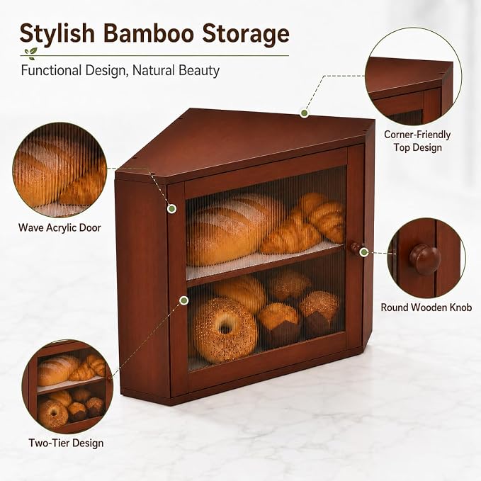 BAMBANG Corner Bread Box for Kitchen Countertop, Large Capacity Bamboo Wood Bread Storage Container, 2 Tier Farmhouse Breadbox with Fluted Acrylic Door for Bread, Homemade Bread and Snacks, Brown