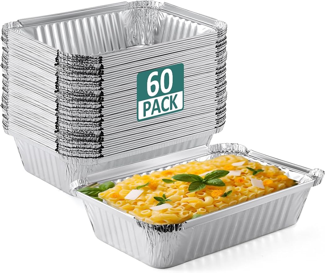 NEEBAKE 60 Pack 8x6 Disposable Aluminum Pans Aluminum-Foil-Pans-Tin-Foil-Baking-Pans-Tin-Trays-Food-Containers-for-Meal-Prep-Cooking-Roasting-Heating