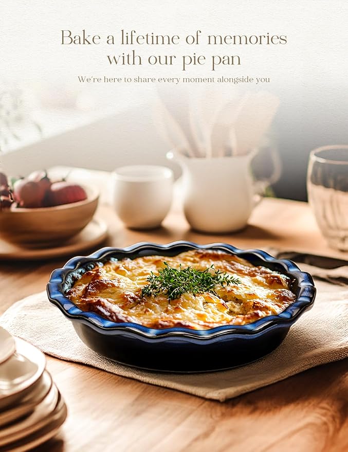Pie Pan for Baking 9 Inch Ceramic Pie Dish for Apple Pie, Quiche, 48oz Blue | Non-Stick Dishwasher & Oven Safe, Great for Kitchen Decor