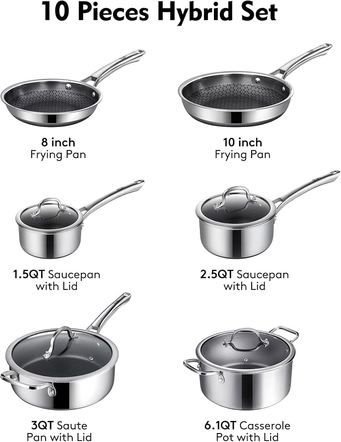 SNOWCLAD Pots and Pans Set Non Stick | Stainless Steel Kitchen Cookware | 10 Pcs | PFOA Free | Hybrid | Induction Compatible | Frying Skillet, Saucepans, Saute Pan & Stock Pot