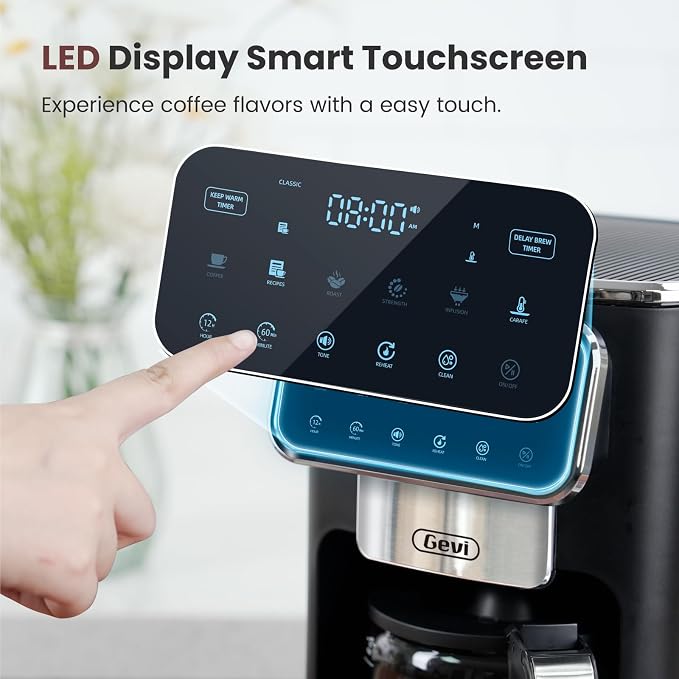 Gevi Touchscreen 12-Cup Coffee Maker, Bold & Iced Brew, Glass Carafe | 12-Cup Drip Brewer, Programmable Timer, 4H Warm Plate, Auto Shutoff, Reusable Filter