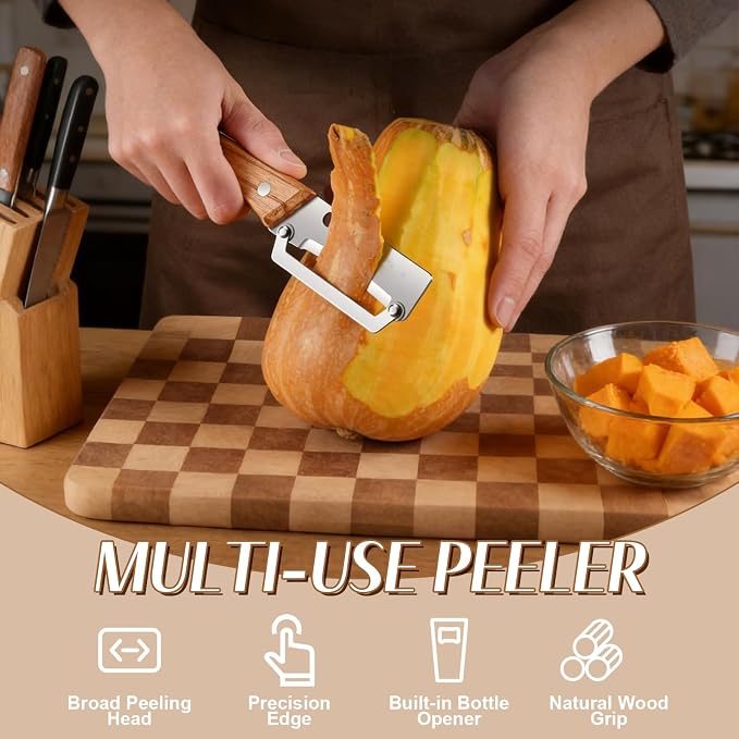 2026 Upgrade Vegetable Peeler With Wooden Handle, Stainless Steel Wide Blade Potato and Carrot Peeler, 2-in-1 Veggie Peeler With Bottle Opener for Kitchen, Camping and Travel (1PCS)