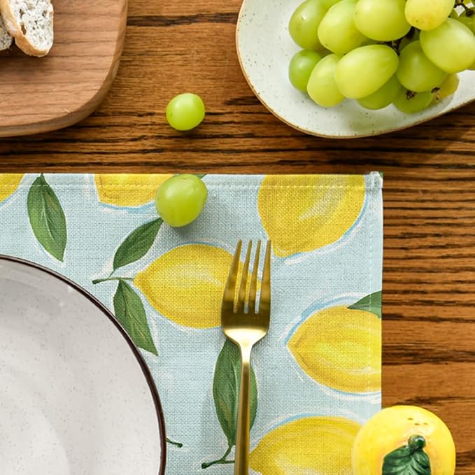 Artoid Mode Blue Lemon Flower Floral Summer Placemats Set of 4,12x18 Inch Seasonal Spring Table Mats for Party Kitchen Dining Decoration