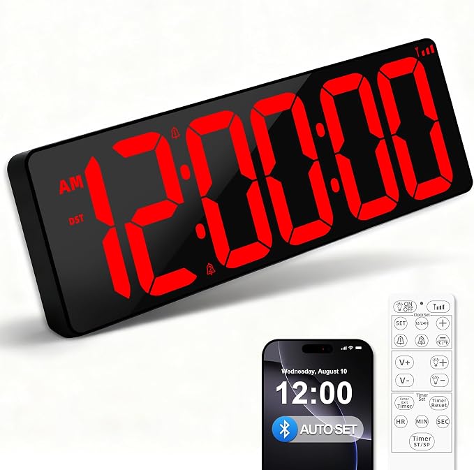17.2" Bluetooth Digital Wall Clock with Seconds, Large Countdown Timer for Classroom Home Gym Kitchen Office, Alarm Clock with Remote Control, 4 Dimmable Brightness, Auto DST (Red)