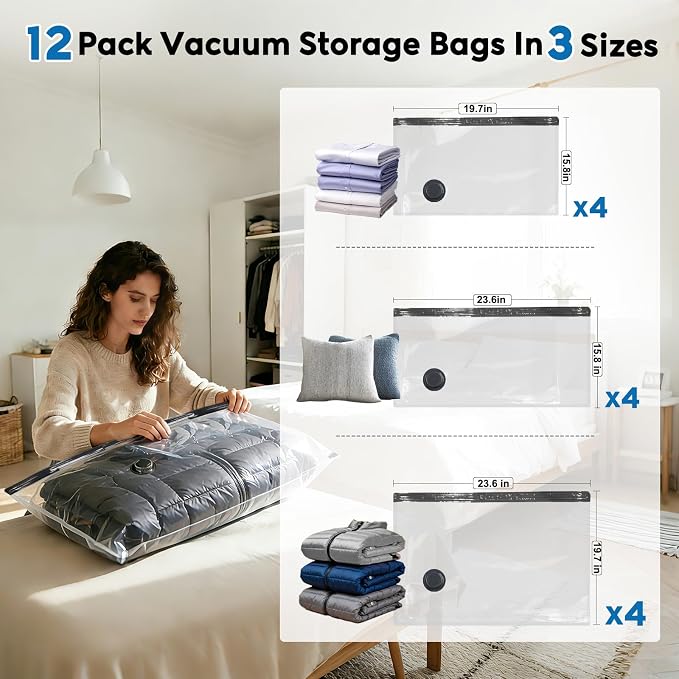 Mapambo Travel Vacuum Bags with -60000Pa LED Pump, 12 Pack Vacuum Seal Bags for Clothing Travel in 3 Combo Sizes, Vacuums Storage Bags for Clothes, Save 80% of Space (12 Combo)