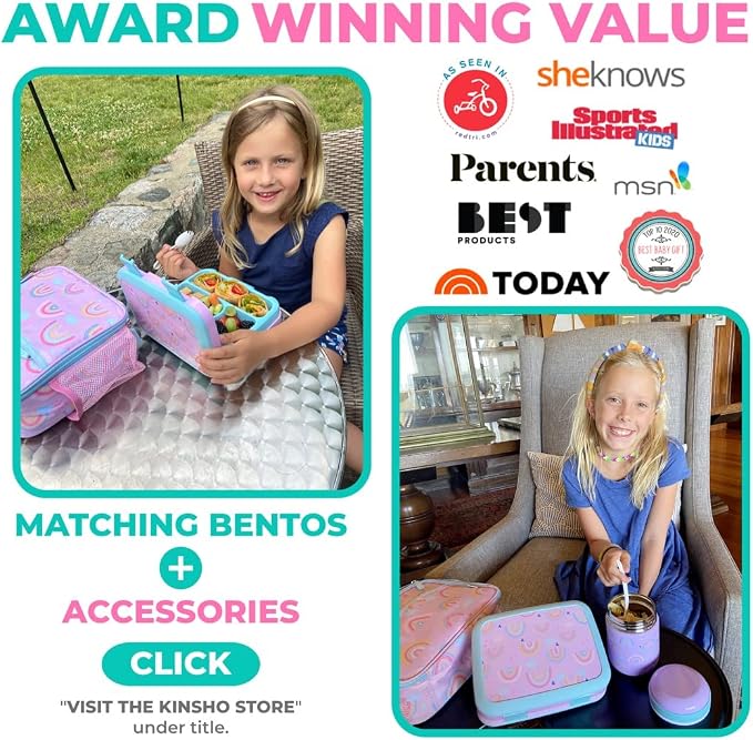 kinsho Kids Bento Lunch Box Set with Thermo, Bag & Ice Pack Purple Rainbow | 4 Compartment Container, Stainless Steel Food Jar for Hot Soup, Snacks, Daycare or School Lunches for Toddlers & Small Girls