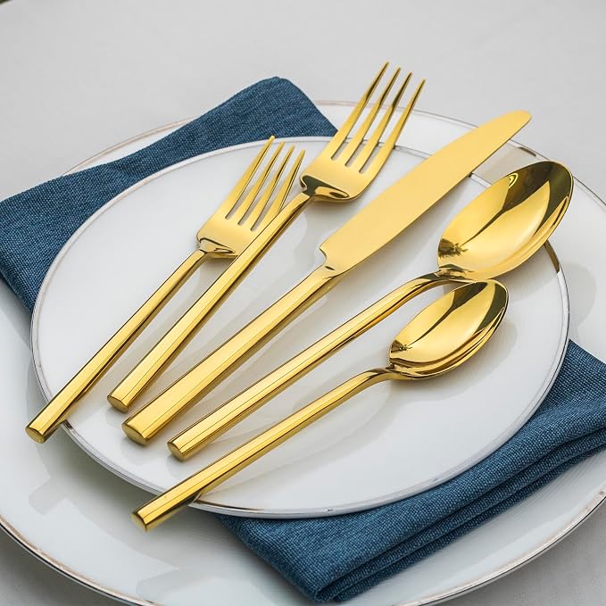 Alata Potter Gold 20-Piece Forged Silverware Set, Service for 4, Stainless Steel Flatware Set, Modern Design with Mirror Finish, Ideal for Home, Kitchen, Party, Camping