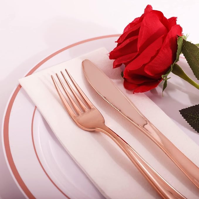 300 Pieces Rose Gold Plastic Silverware- Disposable Flatware Set - Heavy Duty Plastic Cutlery Includes 100 Forks, 100 Spoons, 100 Knives Perfect for Wedding/Party/Birthday