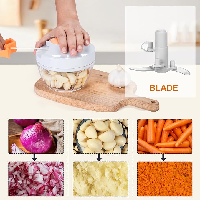 Manual Food Processor & Vegetable Chopper, Hand Pull String Garlic Mincer Onion Chopper Dicer for Salsa Pesto Guacamole, 3 Stainless Steel Blades, 500ml White