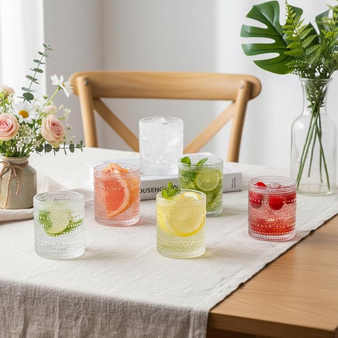 Moretoes Cocktail Glasses10 OZ Hobnail Drinking Glasses Set of 6 | Vintage Whiskey Glassware, Textured Glass Cups Bubble Glasses Water Glasses Old Fashion Jupiter Glasses Set (Clear)