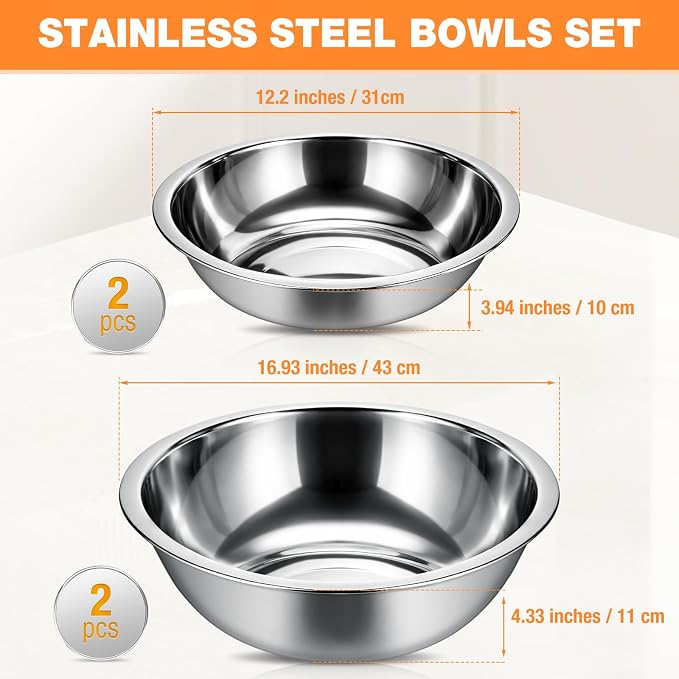 Stainless Steel Mixing Bowls Set - 4-Piece Polished Mirror Nesting Bowls 2 Pcs 8-Quart and 2 Pcs 16-Quart Flat Base Ideal for Kitchen, Cooking, Baking and Storage, Shallow