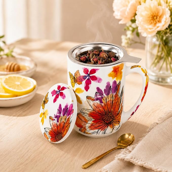 GBhome Tea Mug with Infuser and Lid,18 Ounce Ceramic Loose Leaf Cup Steeper | Lead-Free Glaze For Tea Lovers,Microwave & Dishwasher Safe with Tea Strainer