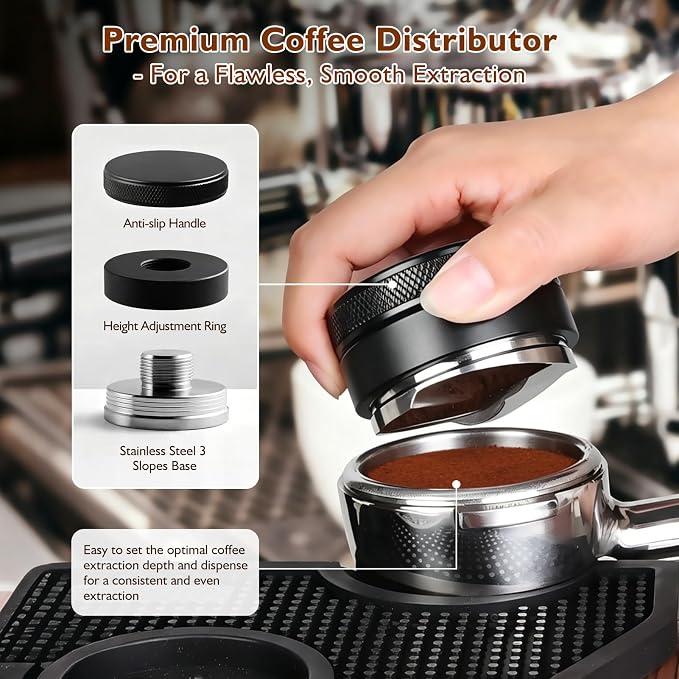 54mm Espresso Accessories Kit, 7Pcs Coffee Tamper Set with Wooden Tamping Station, Tamper, WDT Tool, Distributor, Puck Screen and Dosing Funnel, Espresso Tool Kit Fits 54mm Espresso Portafilter