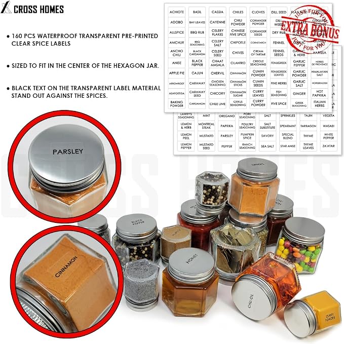 Magnetic Spice Jars Combo Pack 21 Set (6 Large 4 oz + 15 Small 2 oz) Refrigerator Hexagon Glass Spice Jar Magnetic Lid Shaker Spice Labels Magnetic Glass Spice Containers for RV Kitchen Fridge Cabinet
