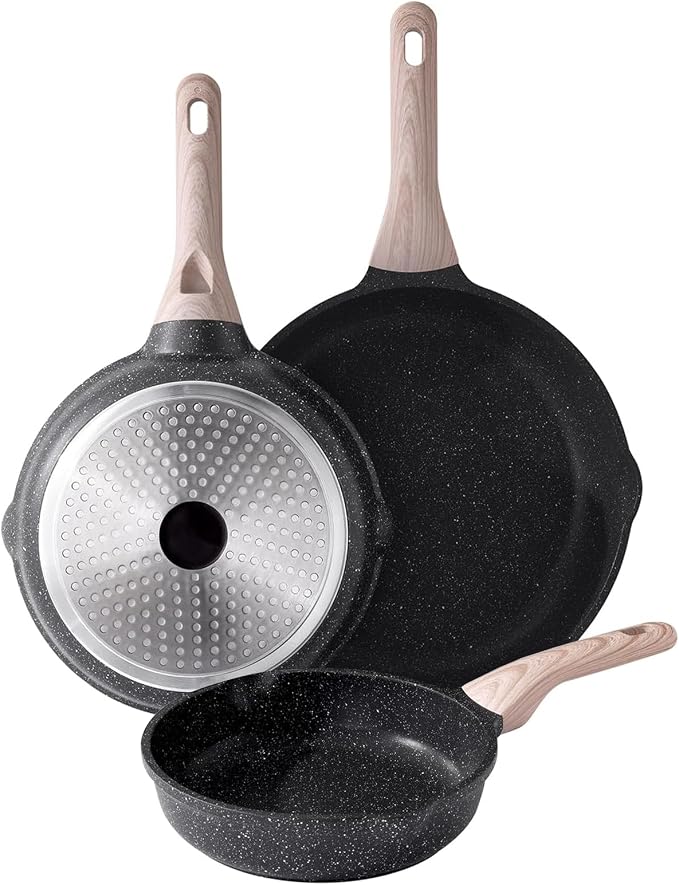 Kordisen Nonstick Frying Pan Set, 3 Piece Skillet Set, Healthy Induction Cookware Cooking Pan, Stay-Cool Handle, Compatible with All Stovetops, PFOA Free (9.5, 11, 12.5 Inch)