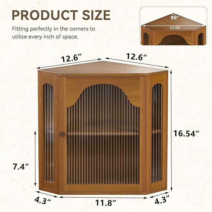 2-Tier Corner Bread Box for Kitchen Countertop with Acrylic Wavy Door Panel | Bread Storage for Homemade Bread, Large Bamboo Vintage Farmhouse Bread Bin, Cabinet Cupboard Pantry, Caramel, Extra Large
