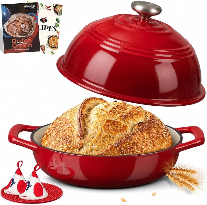 Overmont Enameled Cast Iron Dutch Oven, 6QT Bread Oven with Dome Lid Recipe | Tall Bread Pot with Potholders, for Sourdough Bread Baking Artisan Loaves, Crispy Crust & Better Oven Spring, 500°F Oven Safe