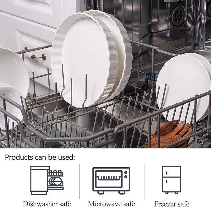 DELLING 9.5 Inch Ceramic Tart Pan Set of 2 - Porcelain Quiche Baking Dish with Fluted Edge, Round Pie Pan for Chicken Pot Pie, Cheesecake, Creme Brulee - White Oven Safe Bakeware