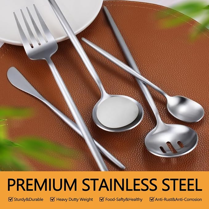 Silver Serving Utensils Set,5pc Stainless Steel Serving Spoons | 10.3’’ serving spoon,utensils set for parties,buffet serving utensils,for party banquet,heavy duty flatware,dishwasher safe