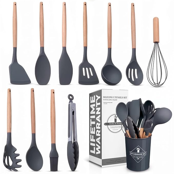 12 Pcs Cooking Kitchen Accessories Set with Holder, Silicone Heads (Gray) | Gray Kitchen Utensils Set for Cooking and Baking; Wooden Handles; Heat-Resistant up to 446°F; Non-Scratch for Nonstick Pans