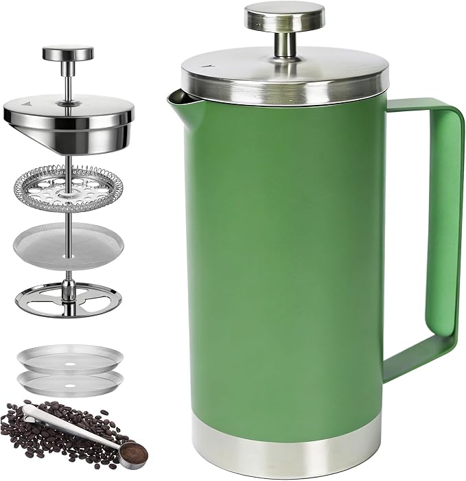Green 600ml French Press Coffee Maker, Double Wall Stainless Steel, Detachable Filter, Cool Touch Insulated Handle, Easy to Clean, Portable Coffee Brewer for Home, Camping, Single & Couple Use
