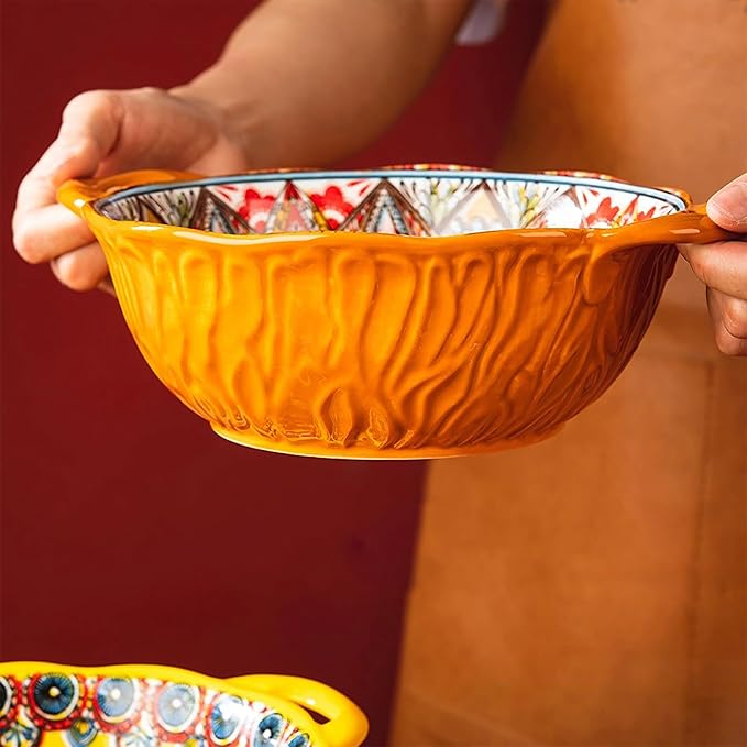 XKXKKE 4 Pack Boho Ceramic Serving Bowls with Handles, 40 Oz Porcelain Salad Bowls, Large Serving Dishes for Entertaining, Mixing Bowls for Soup, Stew, Pasta, Cereal, Colorful Embossed Cute Bowls Set