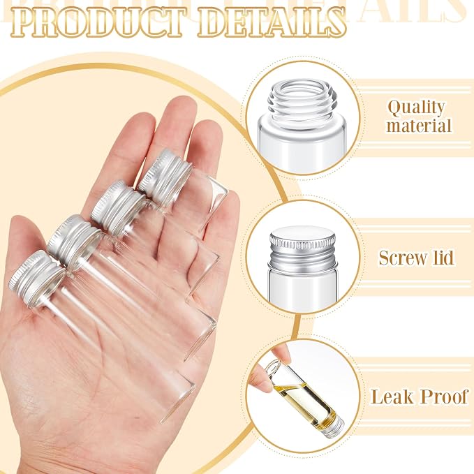 Didaey 100 Pcs Small Clear Vials Spice Mini Jars with Lids Mini Glass Bottles with Screw Aluminum Metal Caps Tiny Jars Sample Containers for Powder Cream Cosmetic Jewelry Wedding (4 Size,Silver Caps)