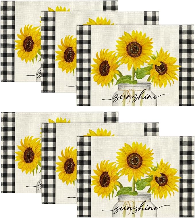 Artoid Mode Buffalo Plaid Sunflower Sunshine Vase Summer Placemats Set of 6, 12x18 Inch Spring Table Mats for Party Kitchen Dining Decoration