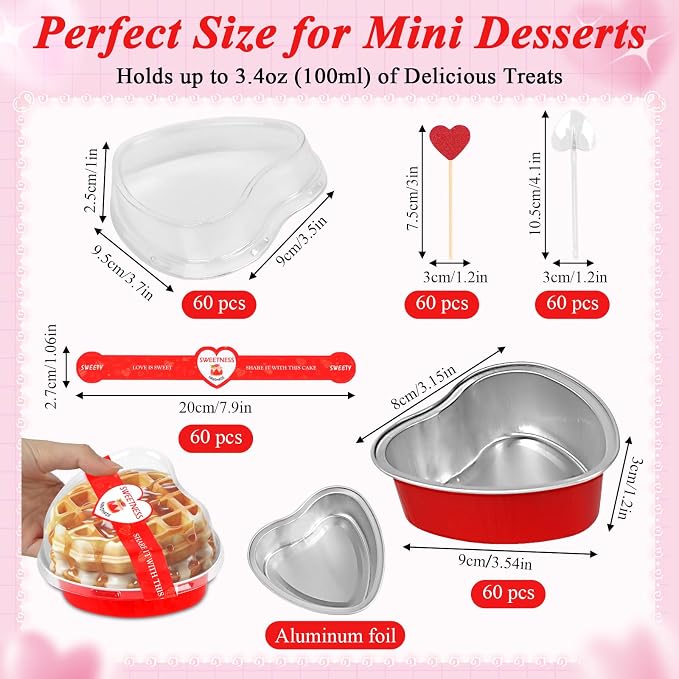 YQER 60 Pack Heart Shaped Cake Pans – 3.4oz Mini Aluminum Foil heart shape Cupcake pan with Lids, Spoons & Heart Stickers – Disposable Mothers Day Baking Tins Supplies for Gifts, Red