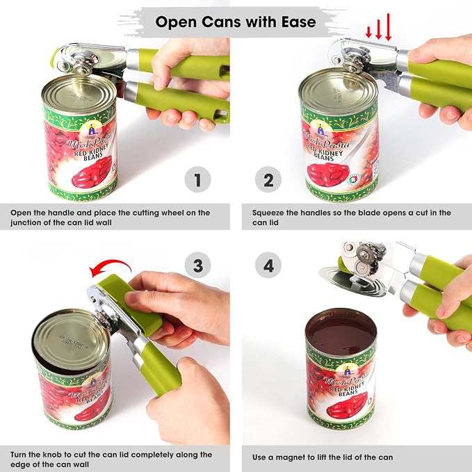Beneno Heavy Duty Hand Can Opener Manual with Magnet, Lime Green | Razor-Sharp Carbon Steel Blade, Precise Smooth Cutting Gear, Big Effort-Saving Knob, Soft Grip Handle, Built-in Bottle Opener