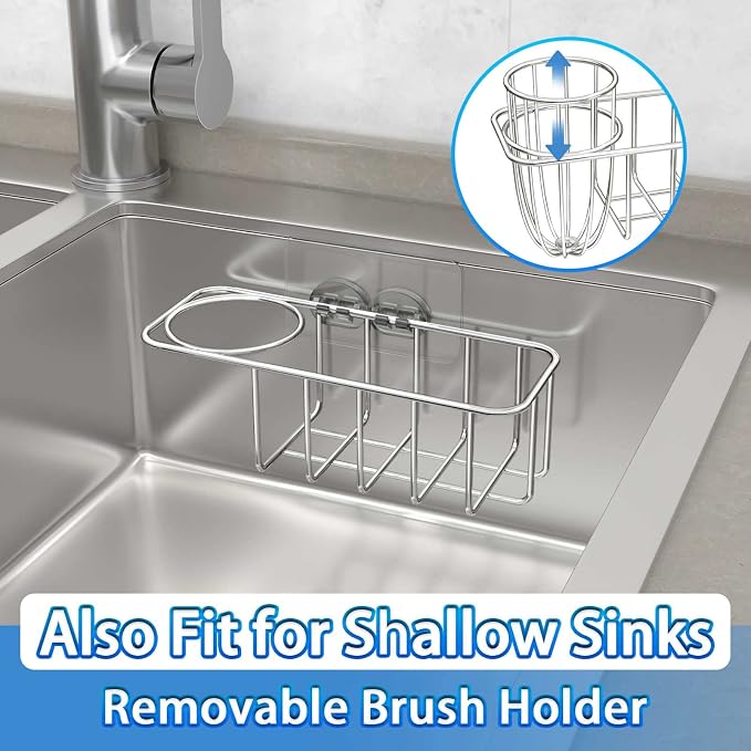 HULISEN Kitchen Sponge Holder, Stainless Steel Sink Caddy with Brush Holder | No-Drill Setup, In-Sink Adhesive Mount, Open Grid Drainage, Sink Strainer, Soap and Scrubber Storage, Rust-Resistant