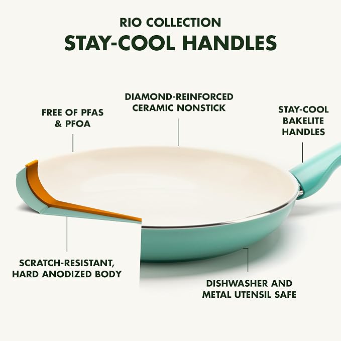 GreenPan Rio Healthy Ceramic Nonstick 8" Frying Pan Skillet and Silicone Spatula Set, Soft Grip Handle, Breaktfast Meal Set, PFAS-Free, Dishwasher Safe, Oven Safe, Turquoise