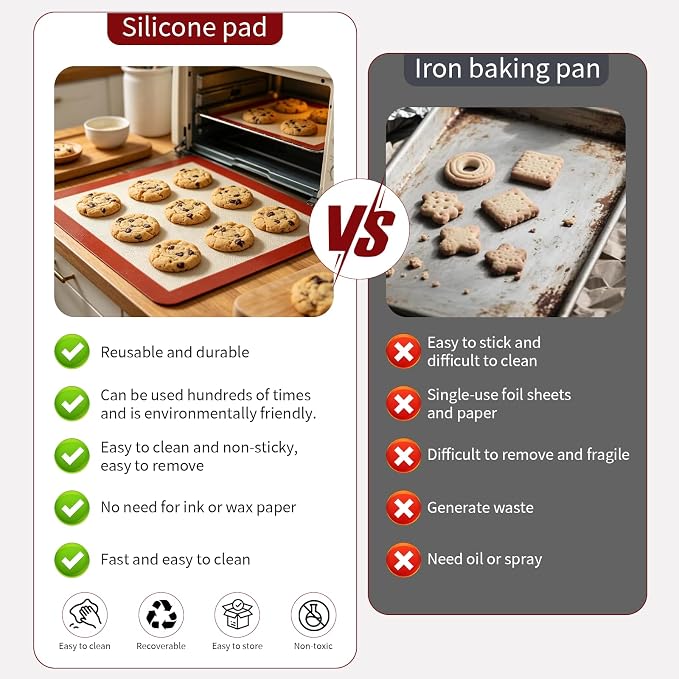 Silicone Baking Mat, 2 Pack Food Grade Non-Stick Baking Mats | Reusable 2-pack baking mats reduce waste and replace parchment paper for everyday baking.