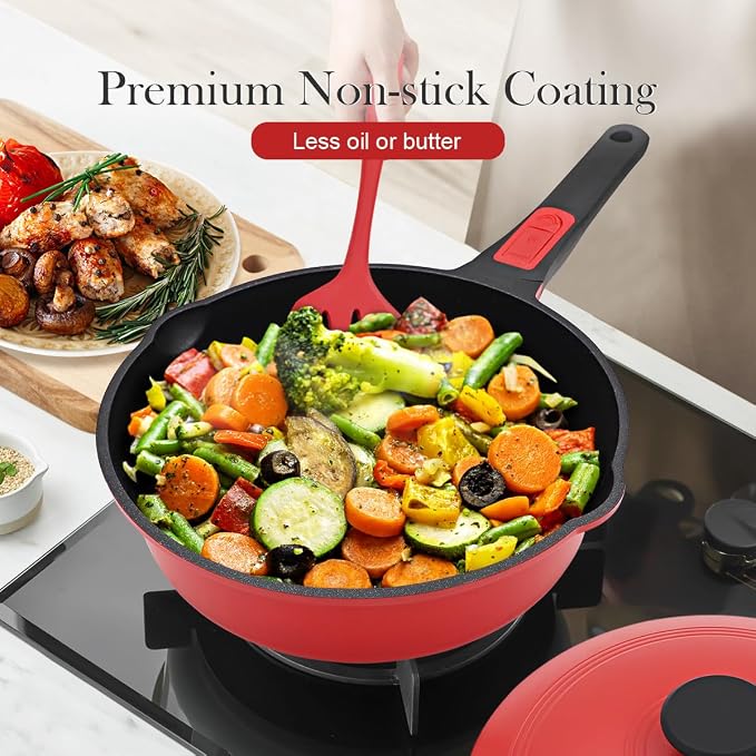 12 Inch Nonstick Deep Frying Pan Skillet with Lid, 5 Qt Large Saute Pan,Red | Detachable Handle, Suitable for All Stoves, Including Induction, PTFE & PFAS & PFOA Free, Oven Safe
