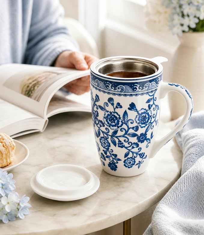 AmorArc Tea Cup With Infuser and Lid, 18oz Loose Leaf Tea Mug With Steeper | Porcelain Tea Mug With Infuser and Lid, Strainer Tea Cup for Tea Lovers, Home & Office, Housewarming Birthday Gift