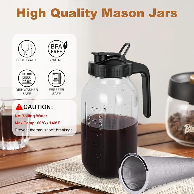 Cold Brew Coffee Maker, 64 oz Mason Jar Pitcher with Stainless Steel Filter, Pour Spout Handle Lid, Airtight & Leak-Proof for Iced Coffee,Tea & Lemonade