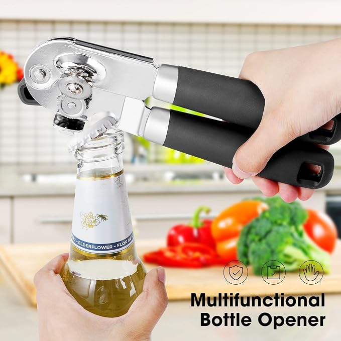 Beneno Heavy Duty Hand Can Opener Manual with Magnet Lid Remover, Black | Razor-Sharp Carbon Steel Blade, Precise Smooth Cutting Gear, Big Effort-Saving Knob, Soft Grip Handle, Built-in Bottle Opener