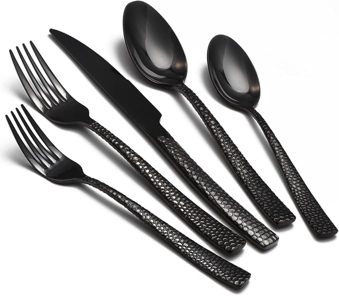 Black Hammered Silverware Set, 40 Piece Stainless Steel Flatware Set for 8, Food-Grade Tableware Cutlery Set for Home Restaurant, Mirror Polished, Dishwasher Safe