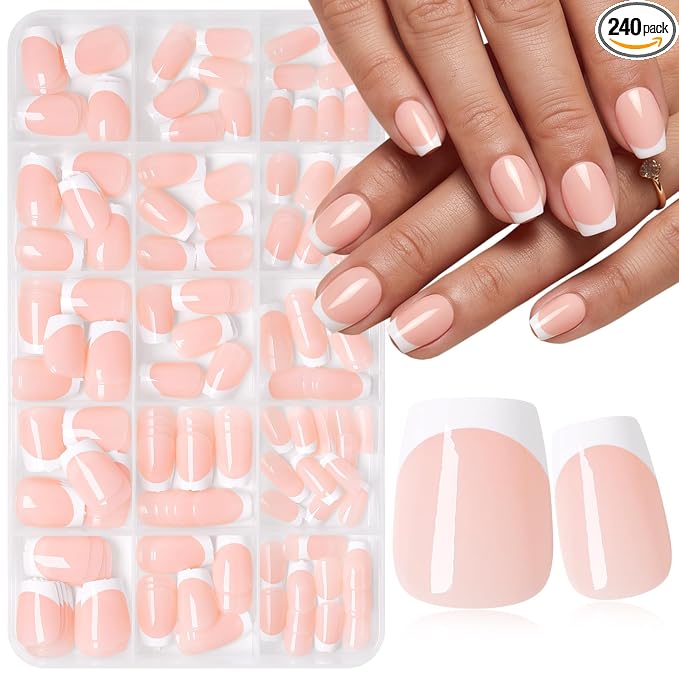 240pc Extra Short French Tip Press on Nails Coffin Fake Nails with Tabs | Short Nails Press ons Coffin Glue on Nails XS Nude Acrylic Nails Stick False Nail Artificial Fingernail for Women Girls