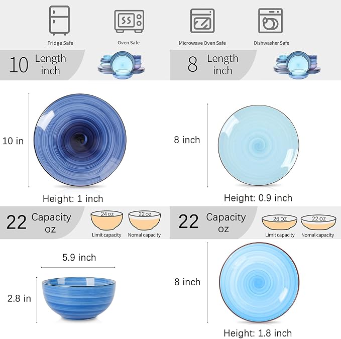 Selamica Ceramic Plates and Bowls Set, 24 Pieces Dinnerware Sets for 6, Scratch Resistant Dishes Set, Handpainted Swirl with Spot Dishwasher & Microwave Safe, Gradient Blue