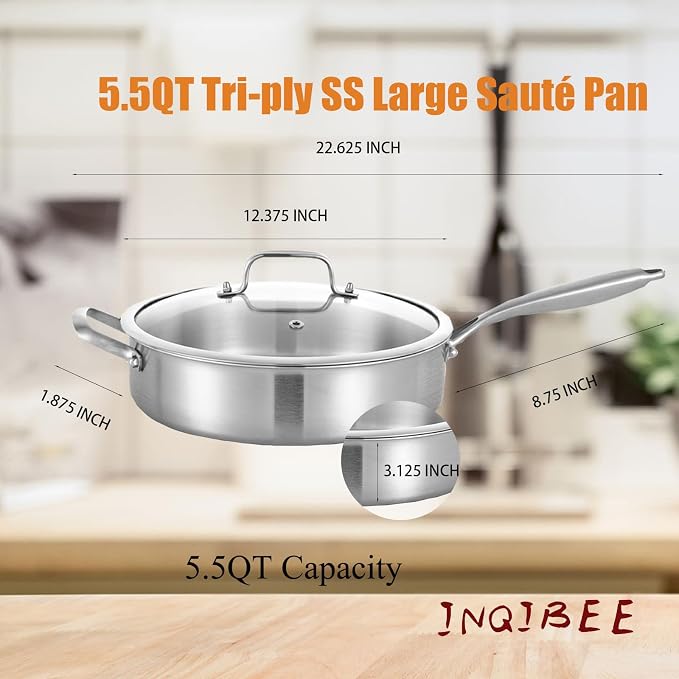 Inqibee 6 QT Tri-Ply Stainless Steel Saute Pan with Lid | Deep Frying Pan with Helper Handle | 12 Inch | Induction Compatible | Oven & Dishwasher Safe | Serves 5–7 People