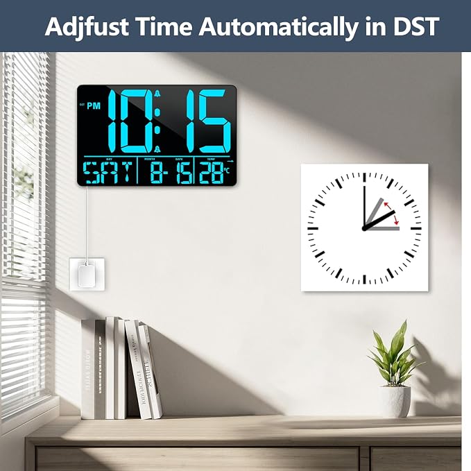 PERSUPER 13" Digital Wall Clock Large Display with Remote, Temp & Timer | Auto Dimming, 12/24H, DST, Calendar, 25 Ringtones, for Living Room, Bedroom, Office & Elderly - Blue