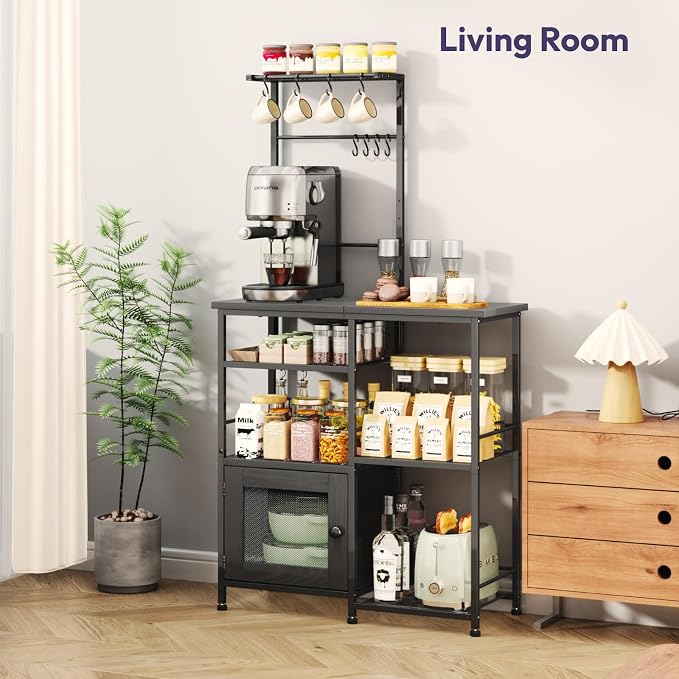SWTYMIKI Bakers Rack with Storage - Coffee Bar Cabinet Organizer with 8 Hooks, Shelves & Cabinet Door, Coffee Station for Kitchen Dining Room, Microwave Stand with Adjustable Feet, Black