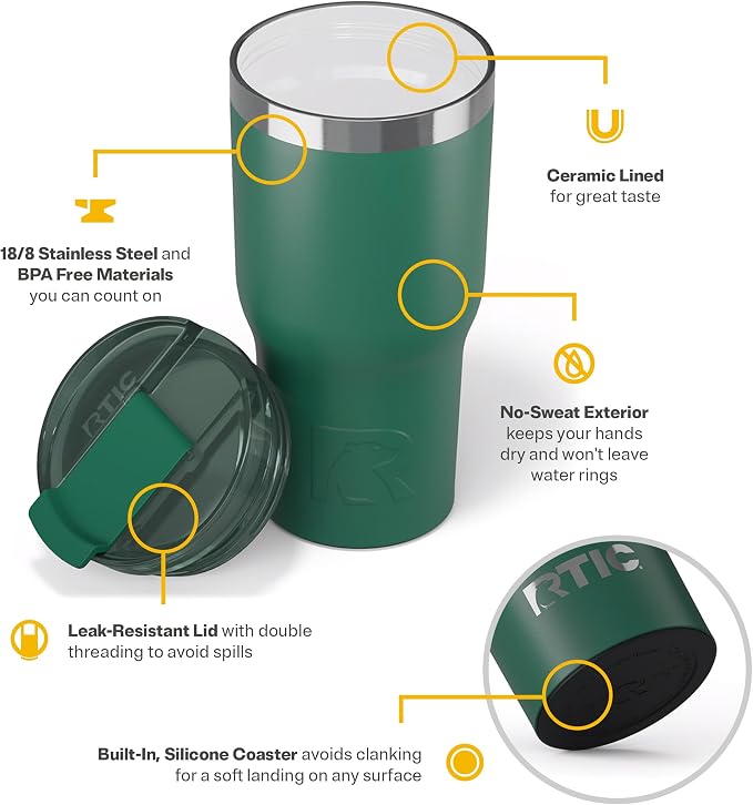 RTIC 20oz Essential Tumbler with Lid, Ceramic Lined, Pine Tree | Insulated, Stainless Steel Metal, Portable Travel Cup for Hot and Cold Drinks, Coffee, Car, Camping and Travel
