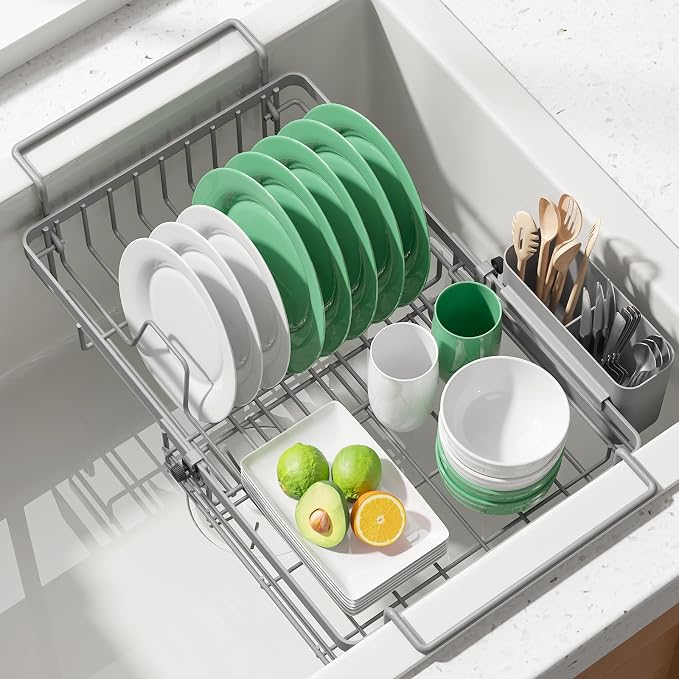Kitsure Expandable in-Sink or Over-Sink Dish Drying Rack, Large, Grey | Rust-Resistant Dish Rack for Kitchen Counter, Dish Drainer with Cutlery Holder, 10.82"-17.12" L x 11.02" W x 3.93" H