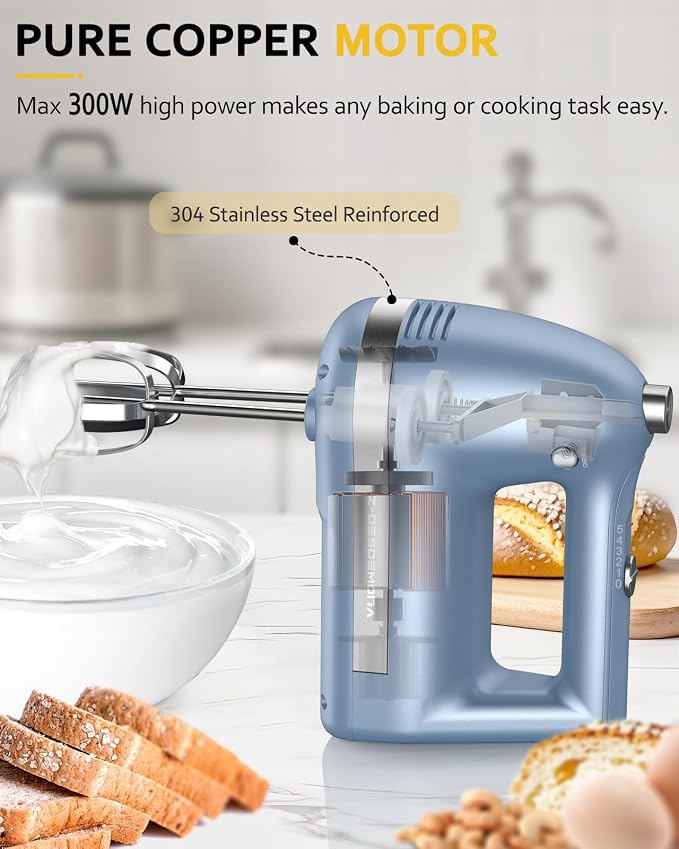 Electric Hand Mixer, Powerful Hand Mixer Electric Handheld with 304*(2*Beaters, 2*Dough Hooks),(1*Storage Bag) Hand Held Mixer with Turbo for Baking Cakes,Cream(Blue)