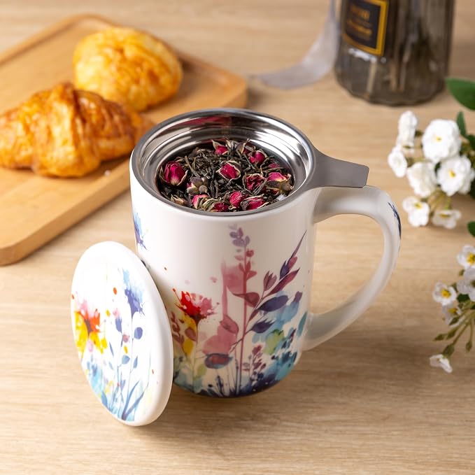 AmorArc Tea Cup With Infuser and Lid, 18oz Loose Leaf Tea Mug With Steeper | Porcelain Tea Mug With Infuser and Lid, Large Strainer Tea Cup with Lid for Tea, Coffee Mug for House-warming Birthday Gift
